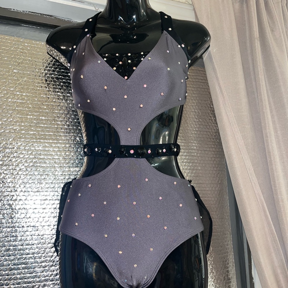 bedazzled jazz/lyrical grey and black dance costume